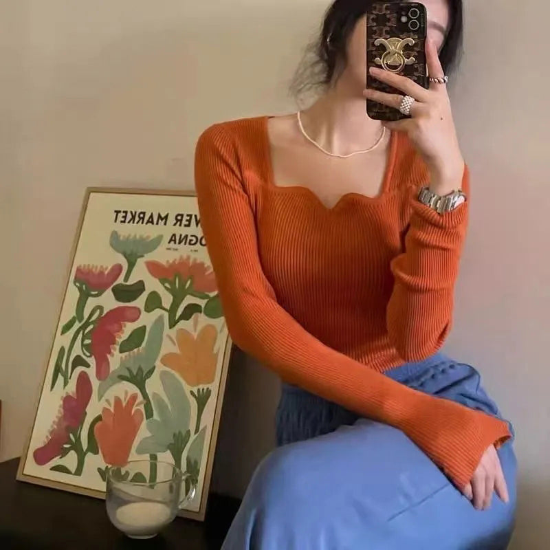 سترات نسائية محبوكة بياقة مربعة أحادية اللون