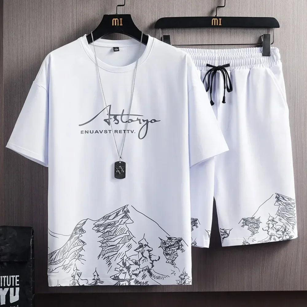 2 Piece Sets Men's Clothes Summer Fashion Trend Korean Casual Short Sleeve T Shirt+Short Sets Men Sports Oversized Print T-shirt