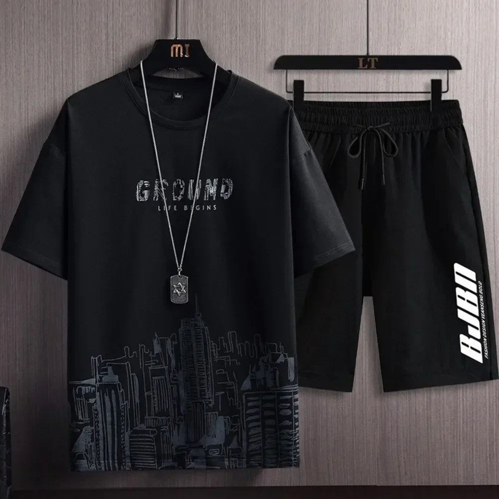 2 Piece Sets Men's Clothes Summer Fashion Trend Korean Casual Short Sleeve T Shirt+Short Sets Men Sports Oversized Print T-shirt