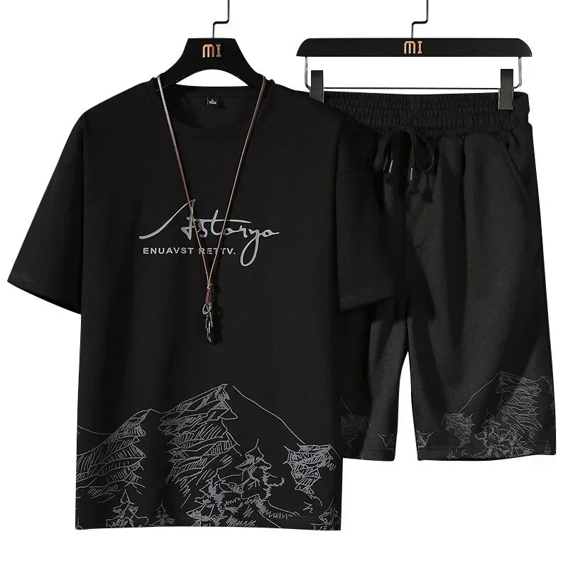 2 Piece Sets Men's Clothes Summer Fashion Trend Korean Casual Short Sleeve T Shirt+Short Sets Men Sports Oversized Print T-shirt