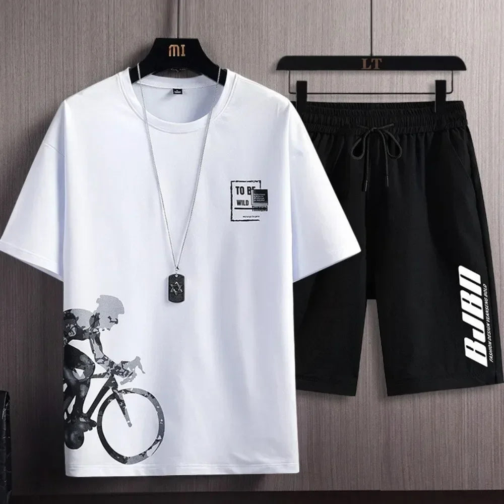 2 Piece Sets Men's Clothes Summer Fashion Trend Korean Casual Short Sleeve T Shirt+Short Sets Men Sports Oversized Print T-shirt